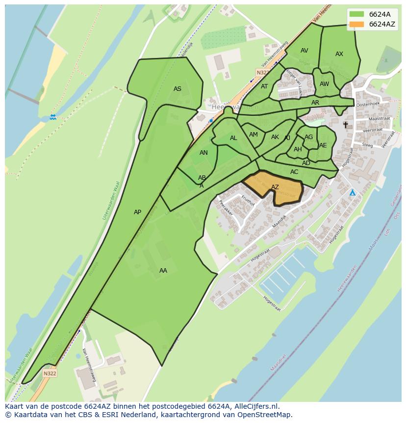 Afbeelding van het postcodegebied 6624 AZ op de kaart.