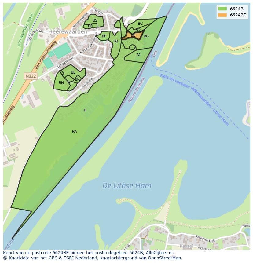 Afbeelding van het postcodegebied 6624 BE op de kaart.