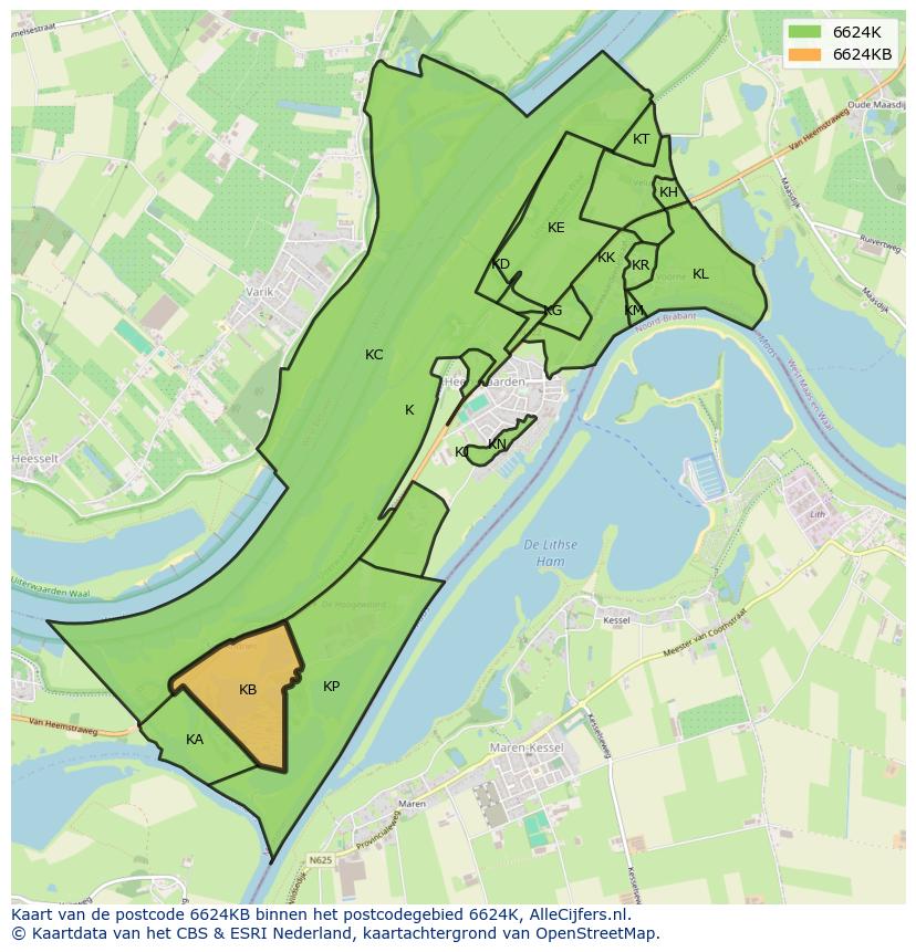 Afbeelding van het postcodegebied 6624 KB op de kaart.