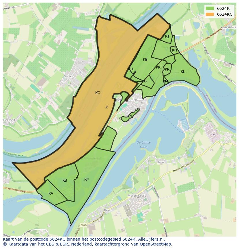 Afbeelding van het postcodegebied 6624 KC op de kaart.