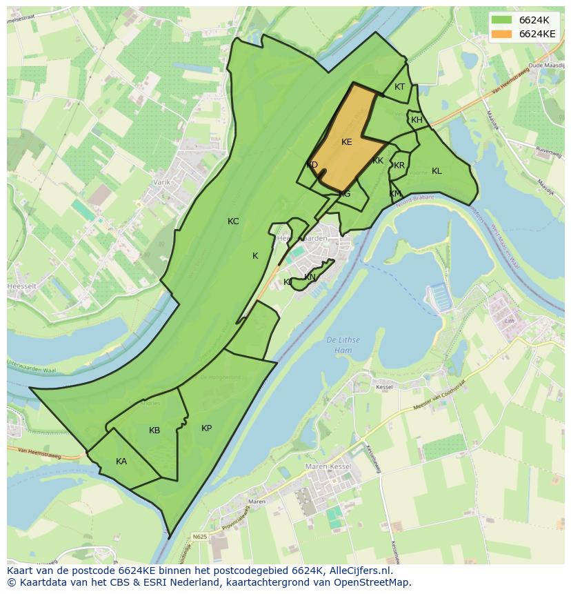 Afbeelding van het postcodegebied 6624 KE op de kaart.