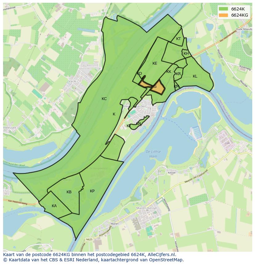 Afbeelding van het postcodegebied 6624 KG op de kaart.