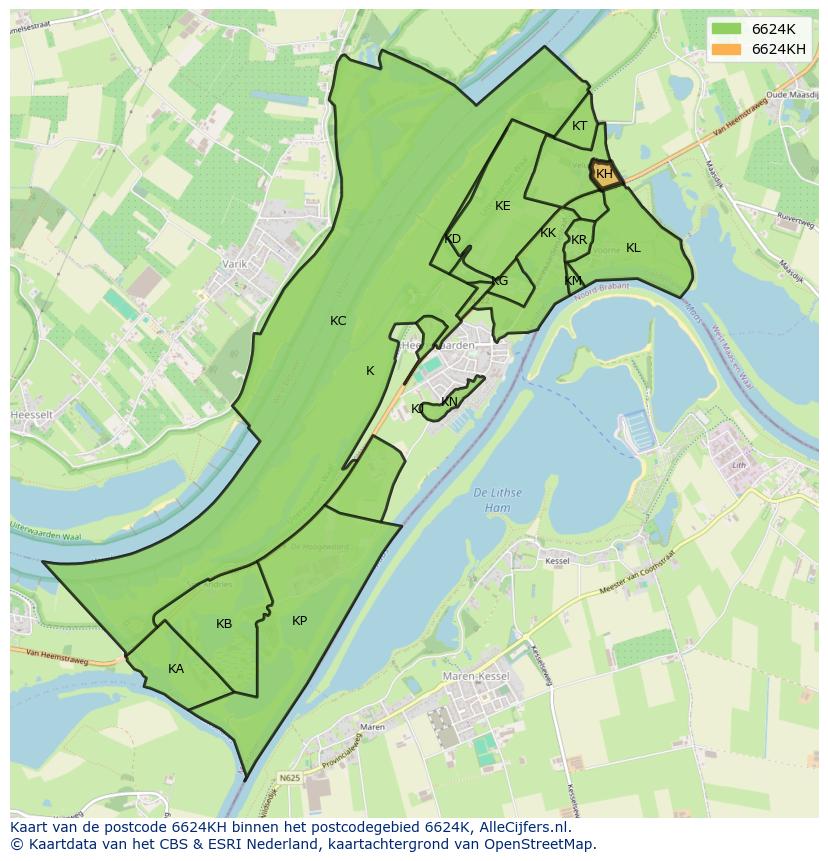 Afbeelding van het postcodegebied 6624 KH op de kaart.