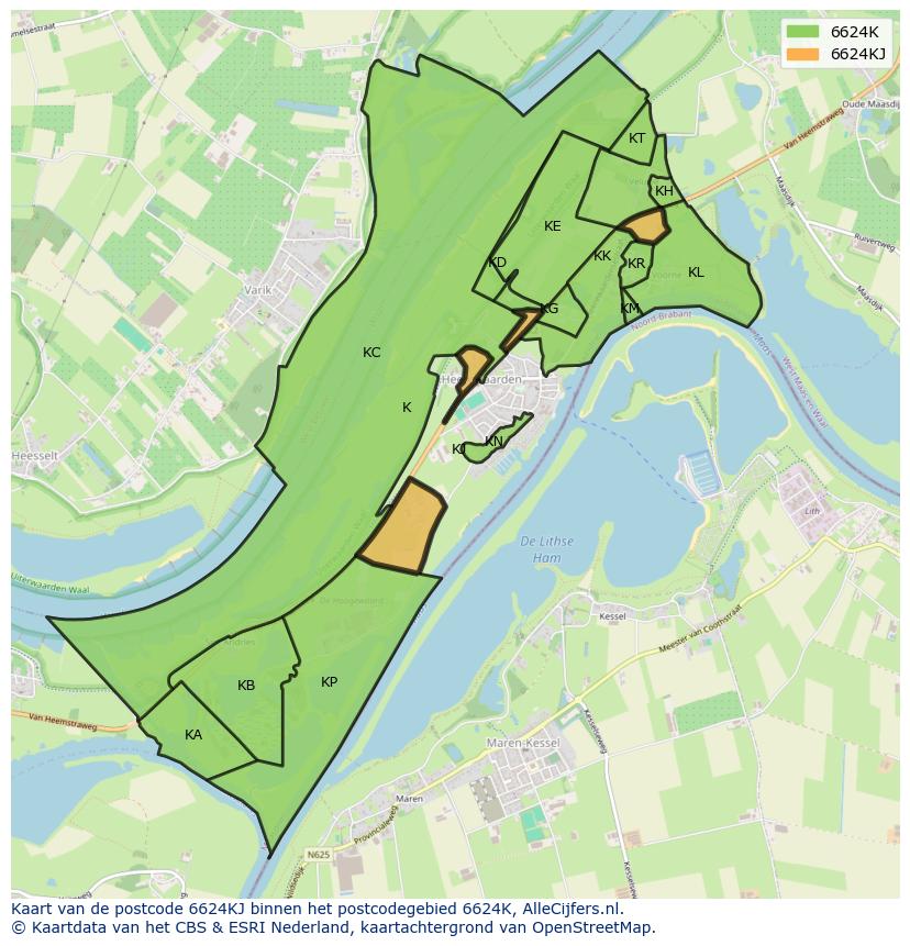 Afbeelding van het postcodegebied 6624 KJ op de kaart.
