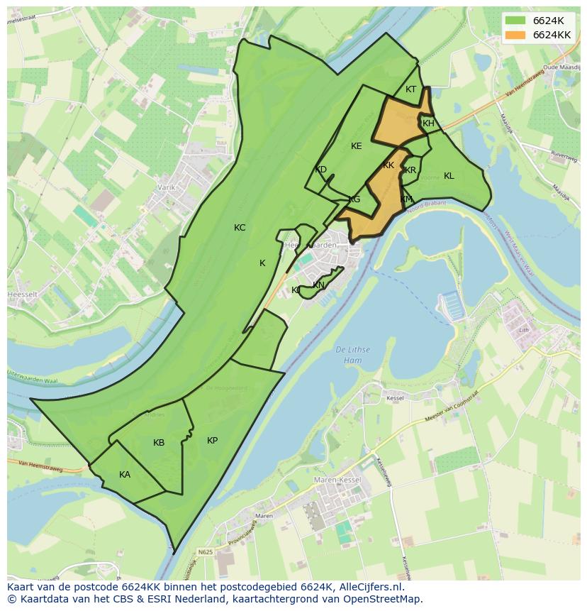 Afbeelding van het postcodegebied 6624 KK op de kaart.