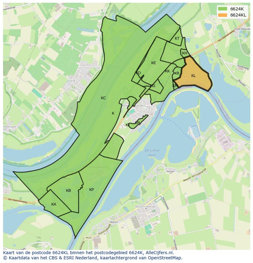 Afbeelding van het postcodegebied 6624 KL op de kaart.