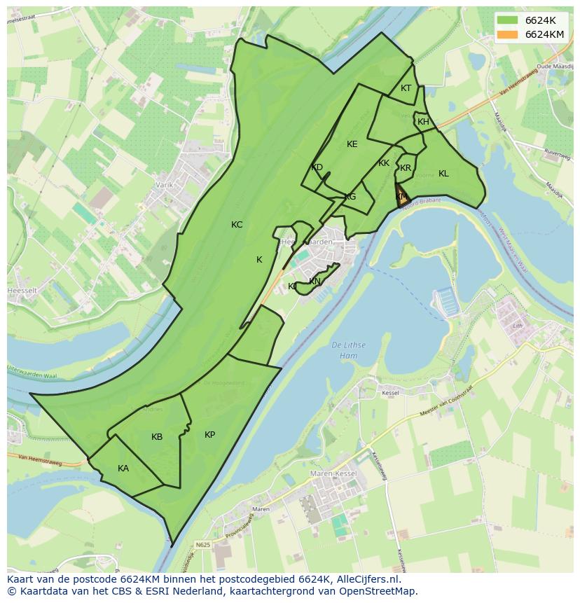 Afbeelding van het postcodegebied 6624 KM op de kaart.