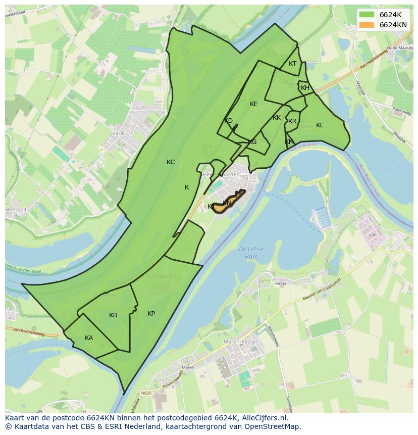 Afbeelding van het postcodegebied 6624 KN op de kaart.