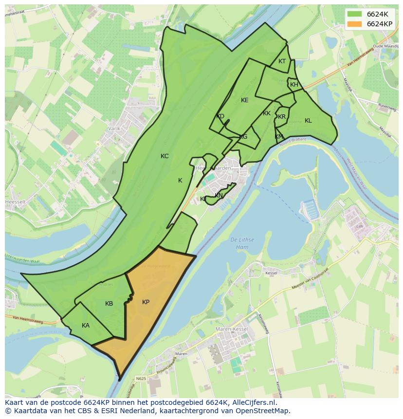 Afbeelding van het postcodegebied 6624 KP op de kaart.