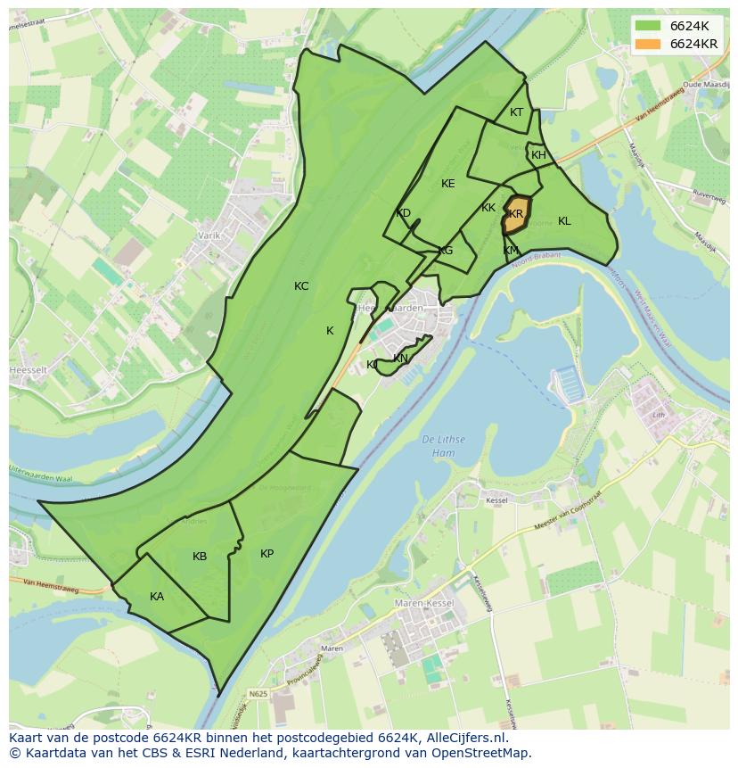 Afbeelding van het postcodegebied 6624 KR op de kaart.