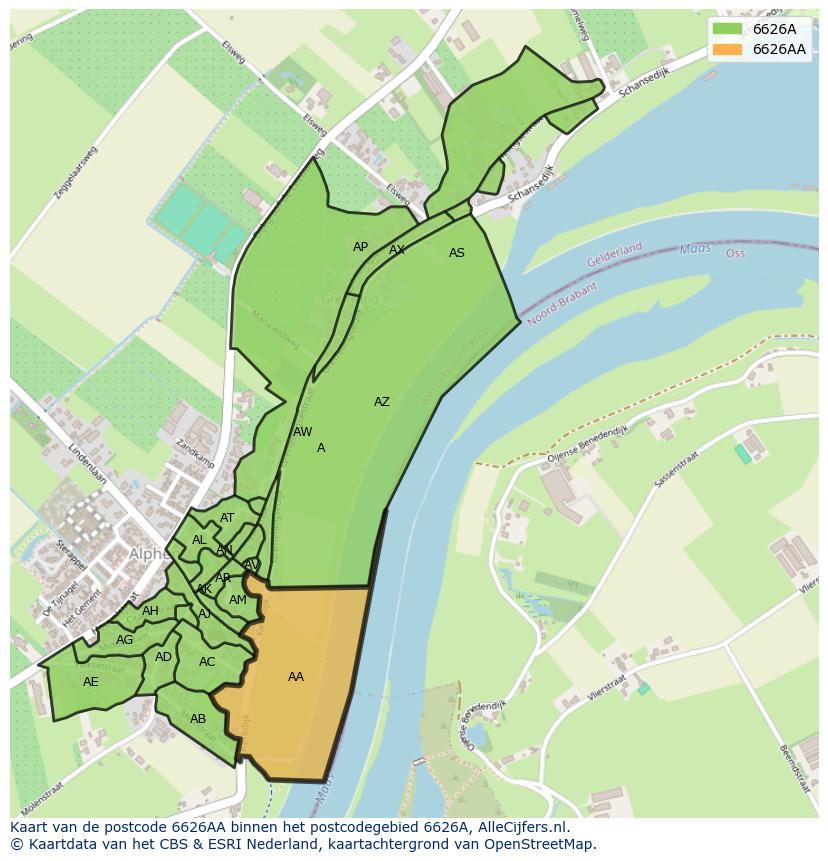 Afbeelding van het postcodegebied 6626 AA op de kaart.