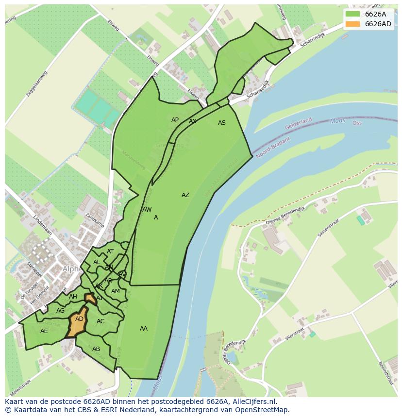 Afbeelding van het postcodegebied 6626 AD op de kaart.