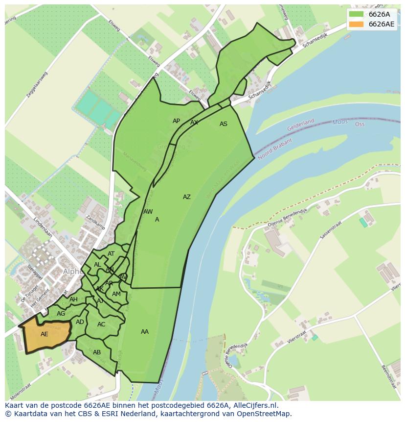Afbeelding van het postcodegebied 6626 AE op de kaart.