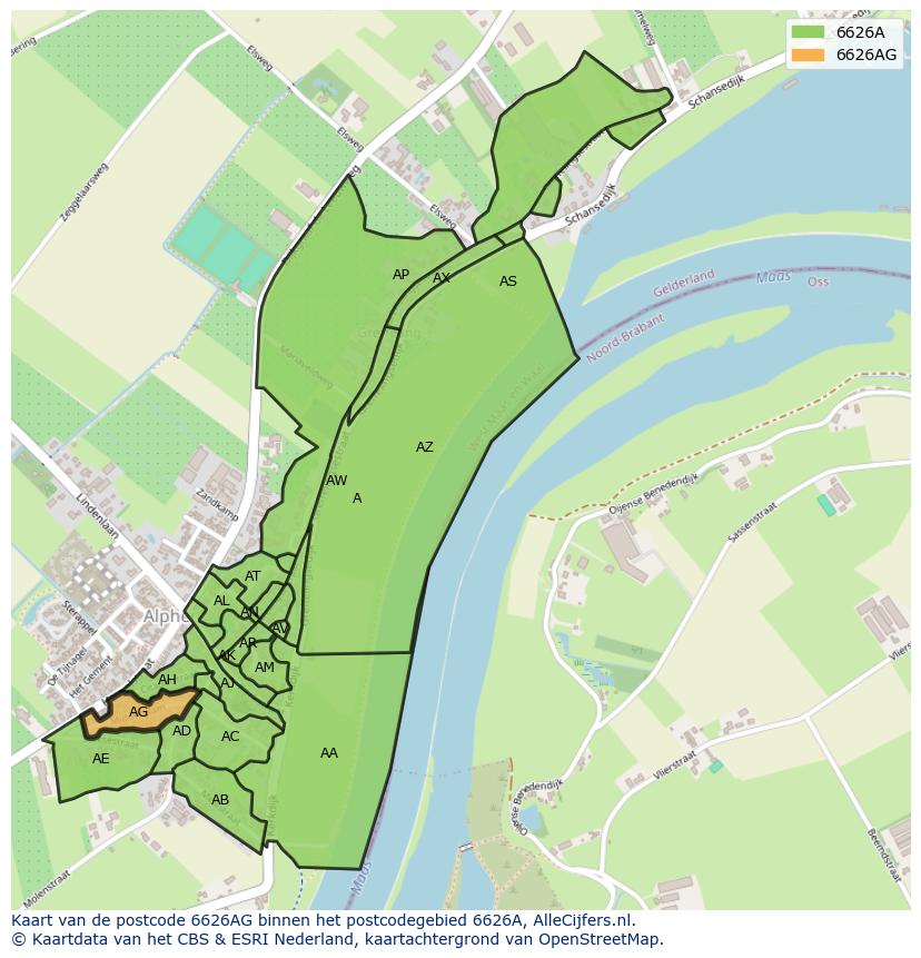 Afbeelding van het postcodegebied 6626 AG op de kaart.