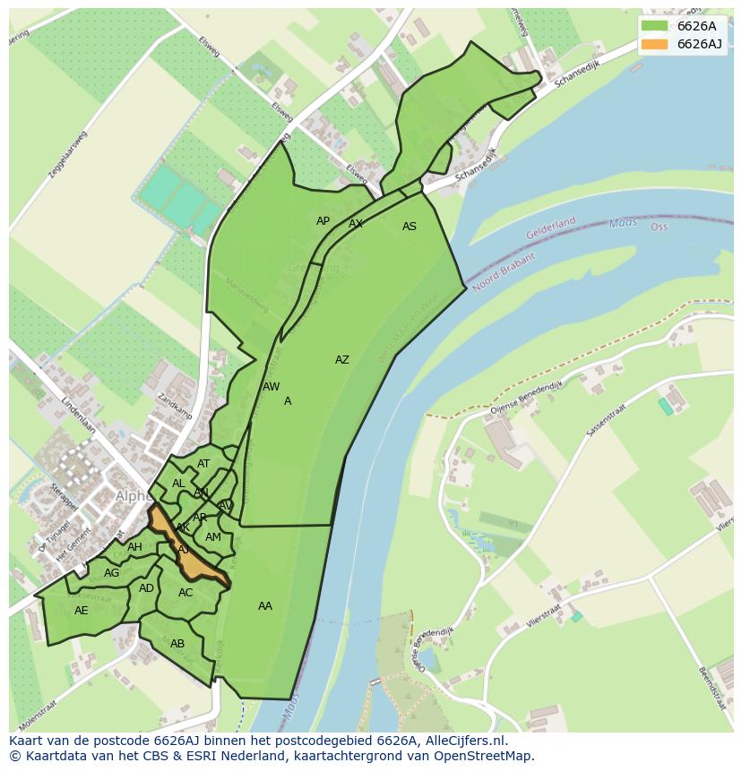 Afbeelding van het postcodegebied 6626 AJ op de kaart.
