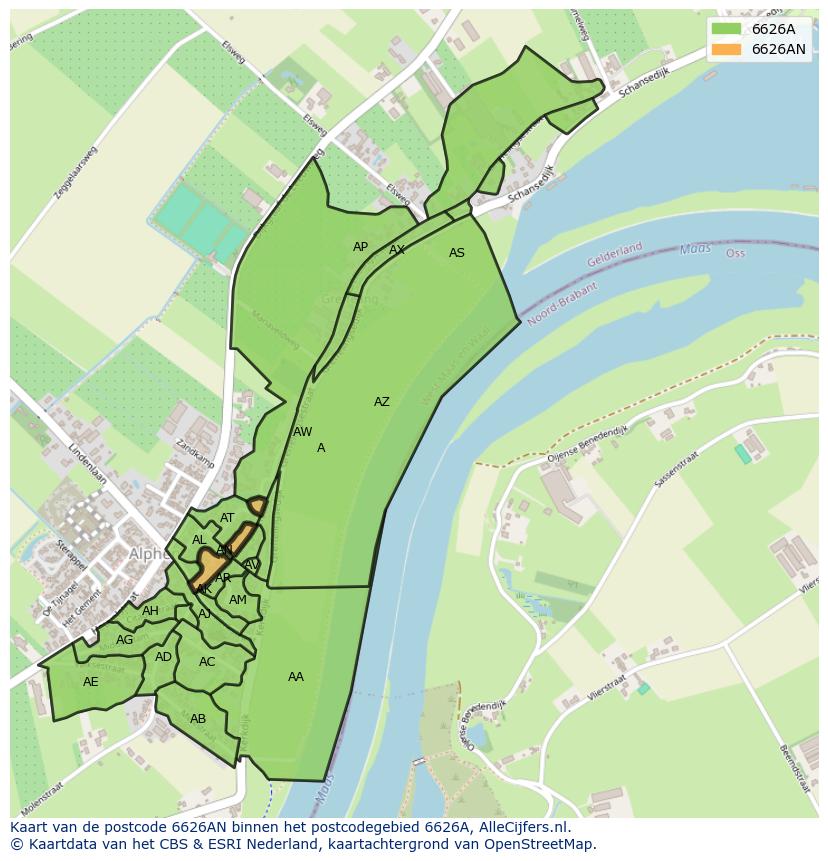 Afbeelding van het postcodegebied 6626 AN op de kaart.