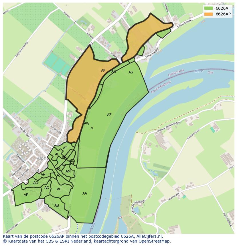 Afbeelding van het postcodegebied 6626 AP op de kaart.