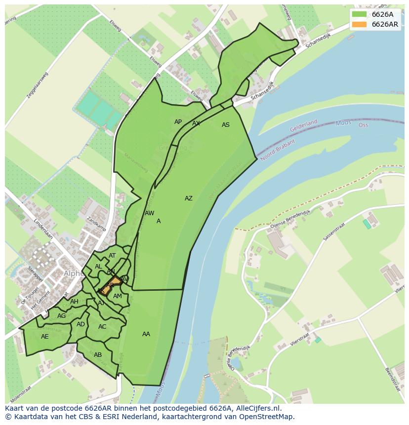 Afbeelding van het postcodegebied 6626 AR op de kaart.