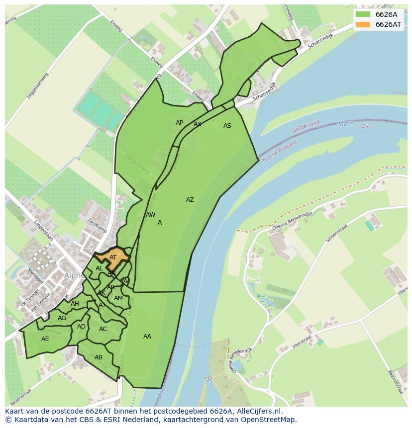 Afbeelding van het postcodegebied 6626 AT op de kaart.