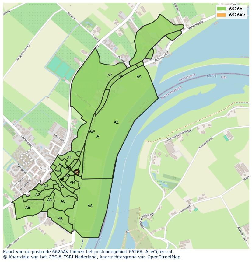 Afbeelding van het postcodegebied 6626 AV op de kaart.