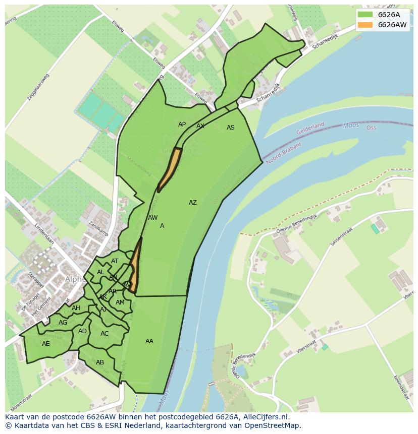 Afbeelding van het postcodegebied 6626 AW op de kaart.