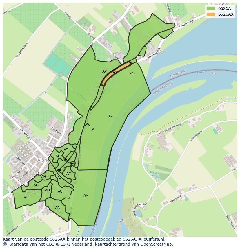 Afbeelding van het postcodegebied 6626 AX op de kaart.