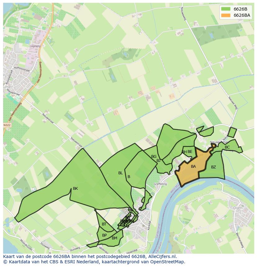 Afbeelding van het postcodegebied 6626 BA op de kaart.