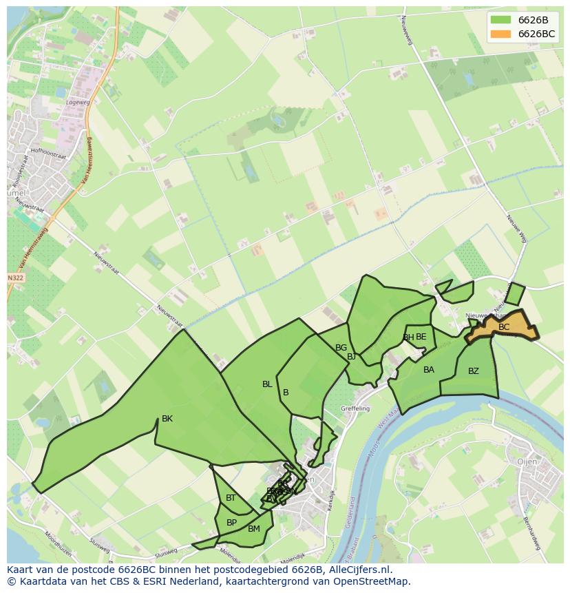 Afbeelding van het postcodegebied 6626 BC op de kaart.