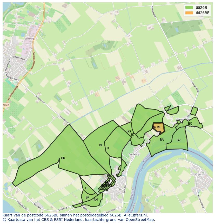 Afbeelding van het postcodegebied 6626 BE op de kaart.