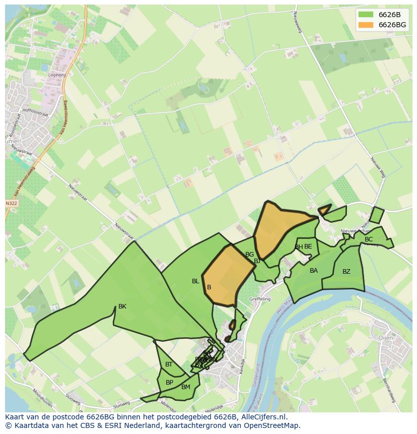 Afbeelding van het postcodegebied 6626 BG op de kaart.