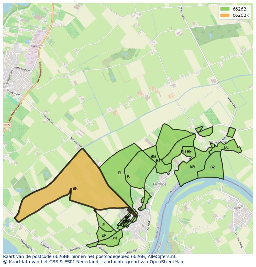 Afbeelding van het postcodegebied 6626 BK op de kaart.