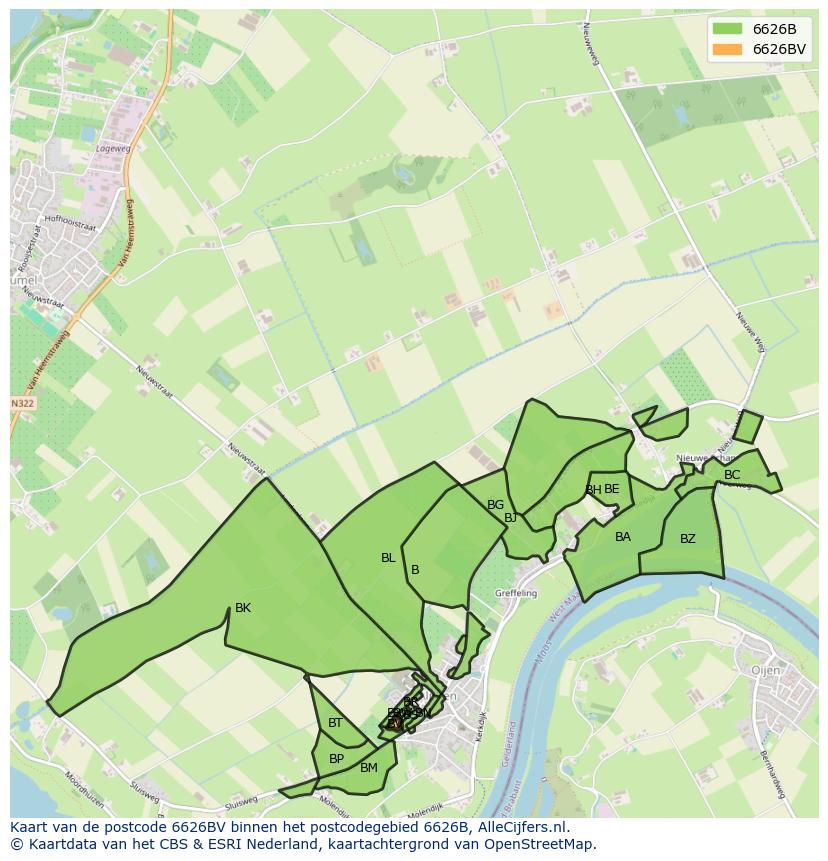 Afbeelding van het postcodegebied 6626 BV op de kaart.