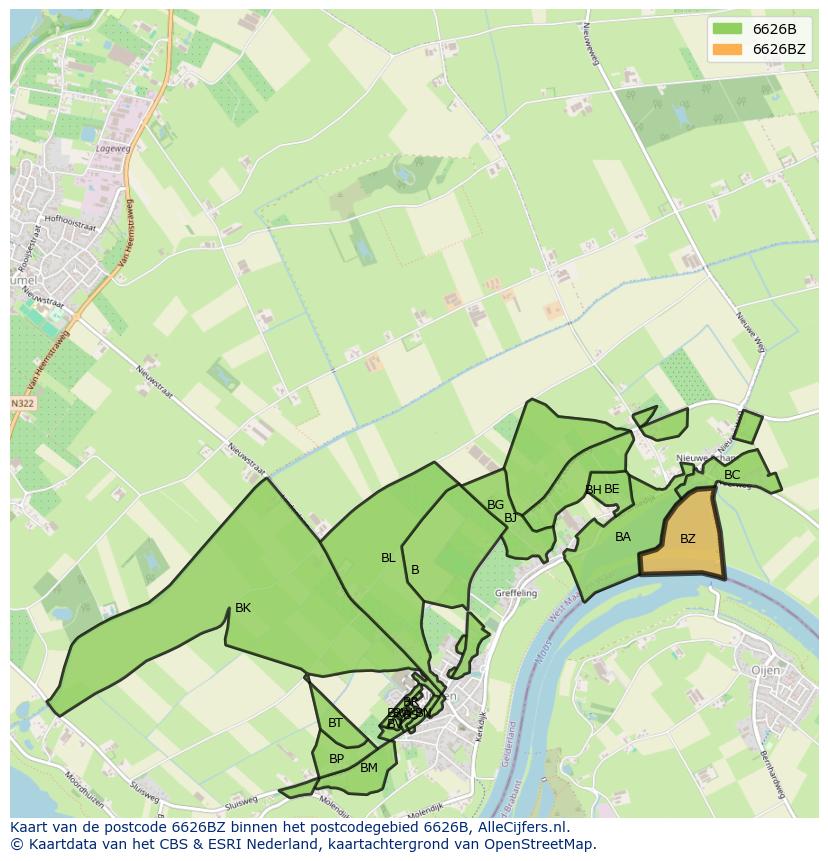 Afbeelding van het postcodegebied 6626 BZ op de kaart.