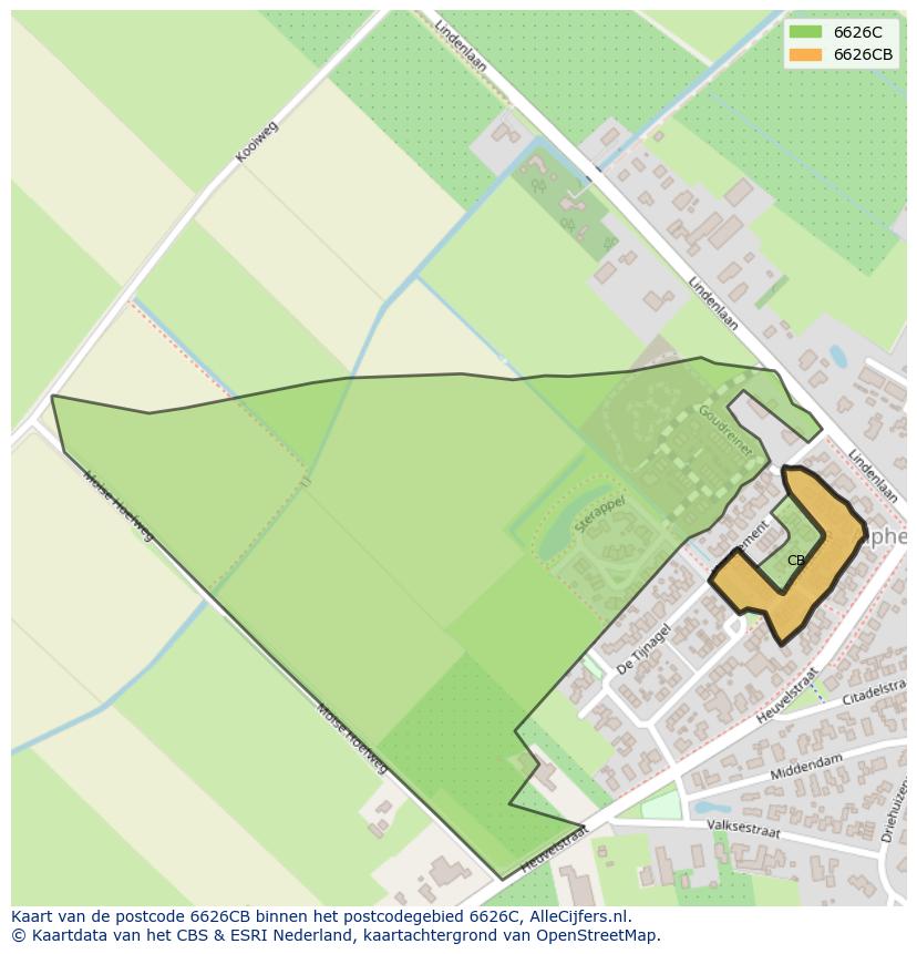 Afbeelding van het postcodegebied 6626 CB op de kaart.