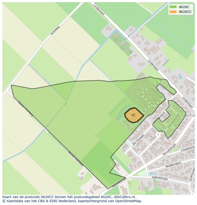 Afbeelding van het postcodegebied 6626 CC op de kaart.