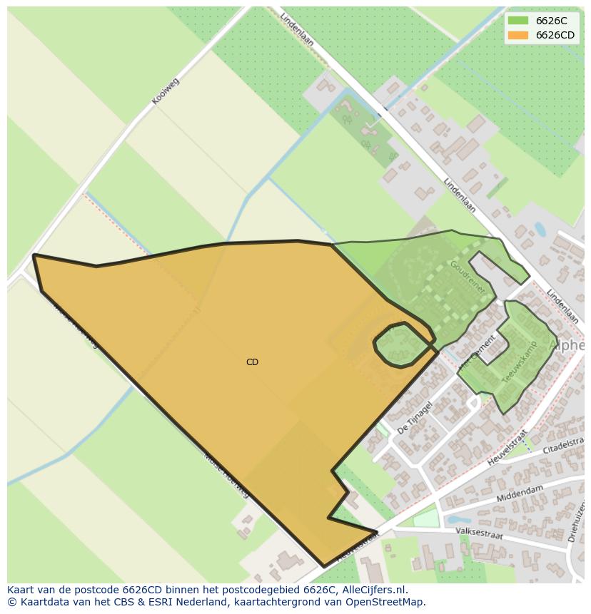 Afbeelding van het postcodegebied 6626 CD op de kaart.