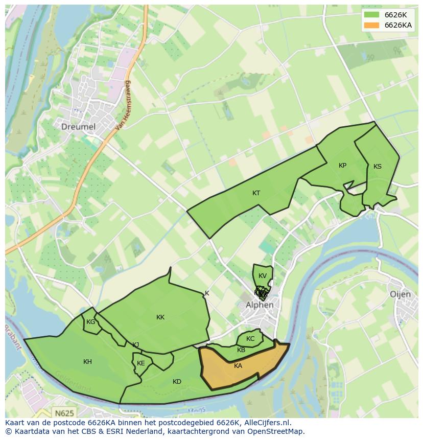 Afbeelding van het postcodegebied 6626 KA op de kaart.