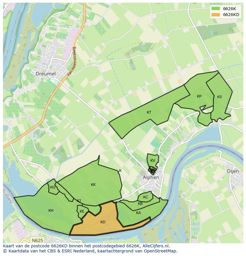 Afbeelding van het postcodegebied 6626 KD op de kaart.