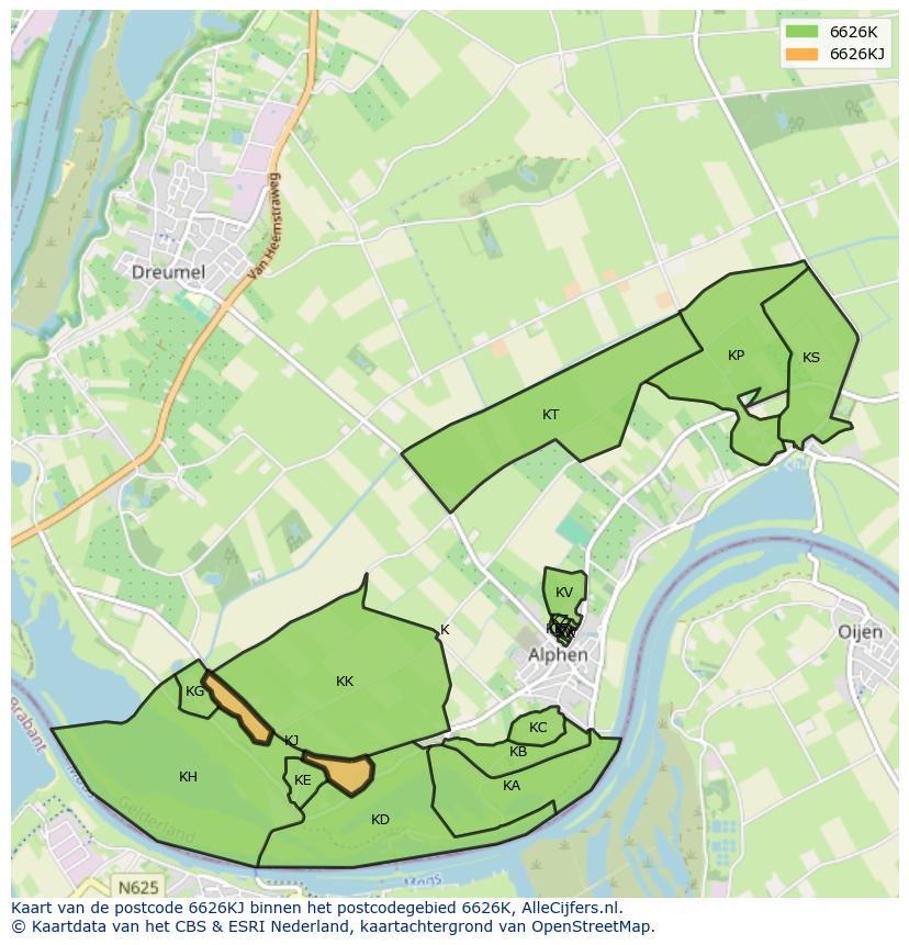 Afbeelding van het postcodegebied 6626 KJ op de kaart.
