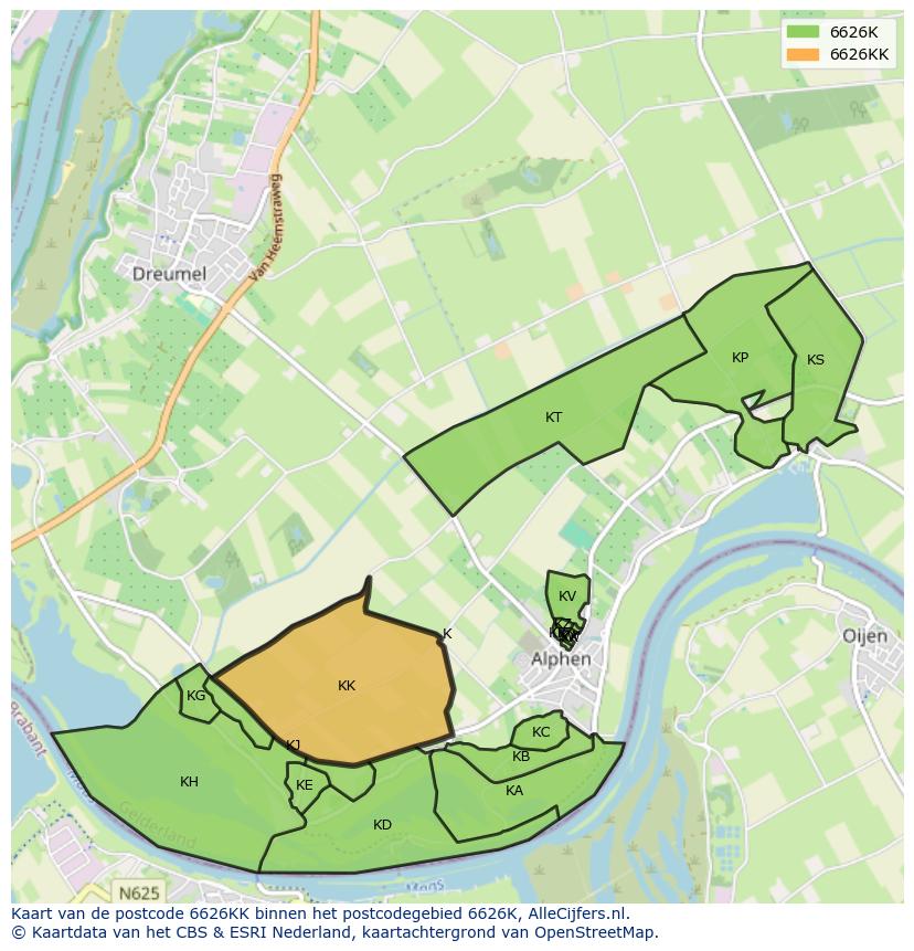 Afbeelding van het postcodegebied 6626 KK op de kaart.