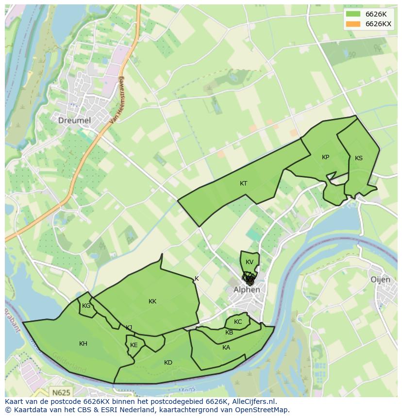 Afbeelding van het postcodegebied 6626 KX op de kaart.