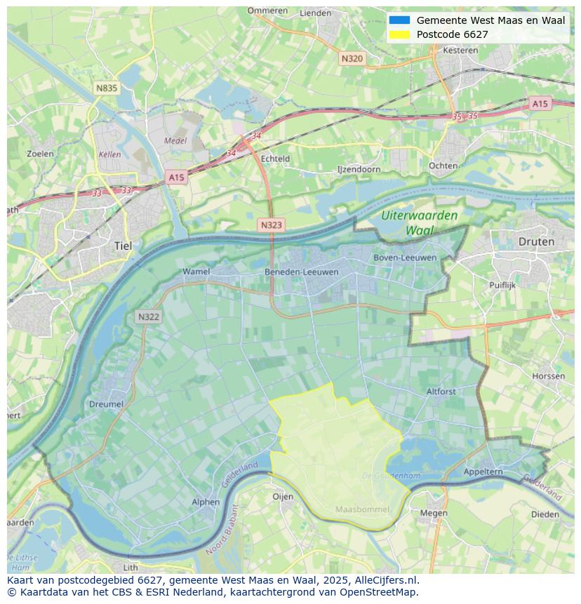 Afbeelding van het postcodegebied 6627 op de kaart.