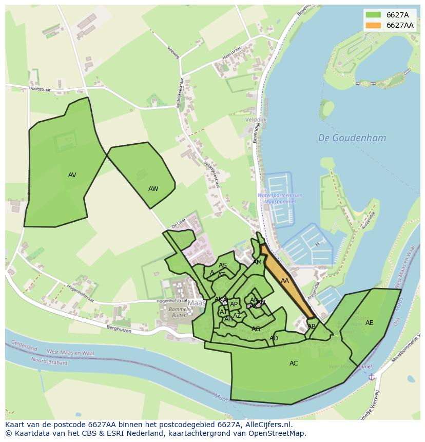 Afbeelding van het postcodegebied 6627 AA op de kaart.