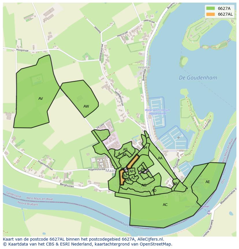 Afbeelding van het postcodegebied 6627 AL op de kaart.