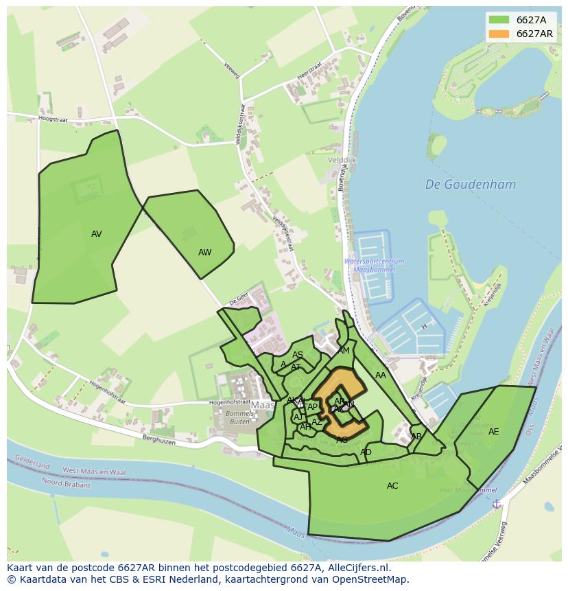 Afbeelding van het postcodegebied 6627 AR op de kaart.