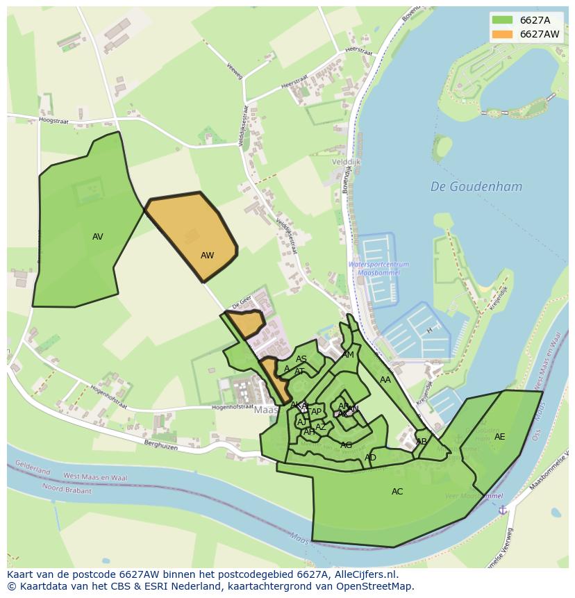 Afbeelding van het postcodegebied 6627 AW op de kaart.