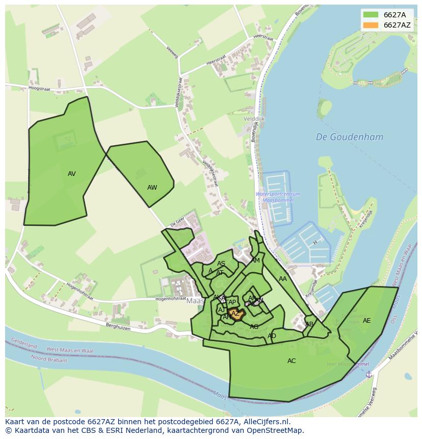 Afbeelding van het postcodegebied 6627 AZ op de kaart.