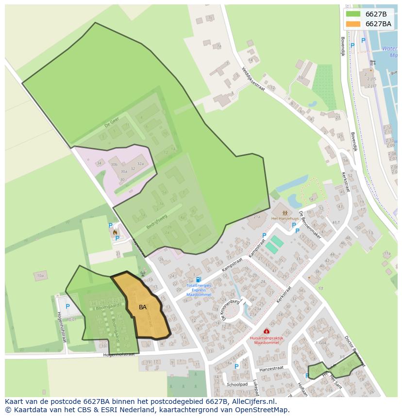 Afbeelding van het postcodegebied 6627 BA op de kaart.