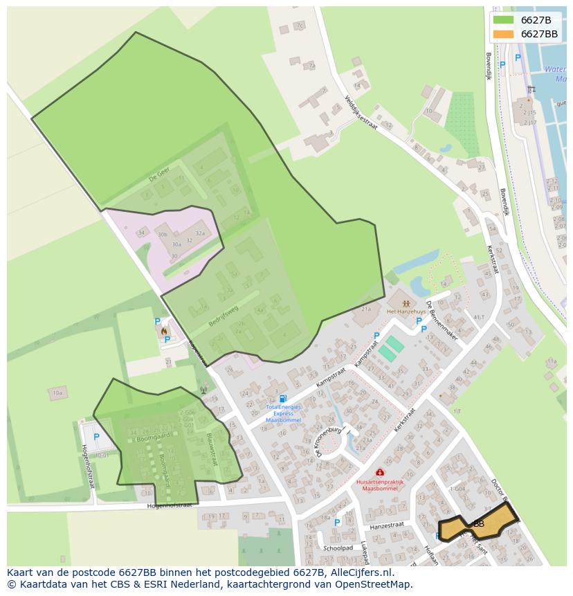 Afbeelding van het postcodegebied 6627 BB op de kaart.