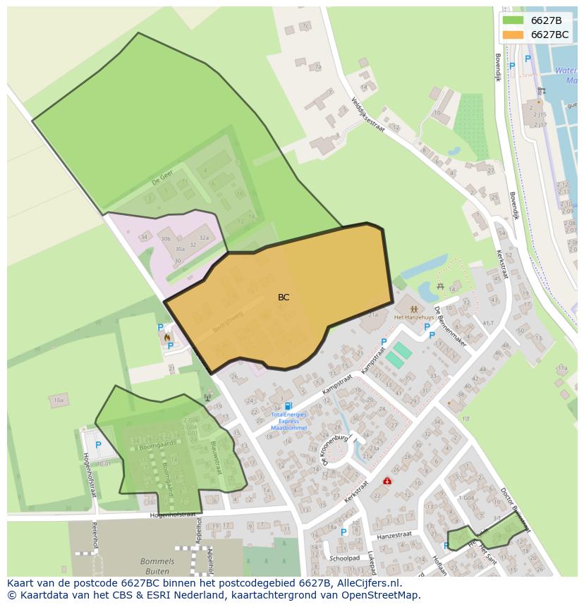 Afbeelding van het postcodegebied 6627 BC op de kaart.